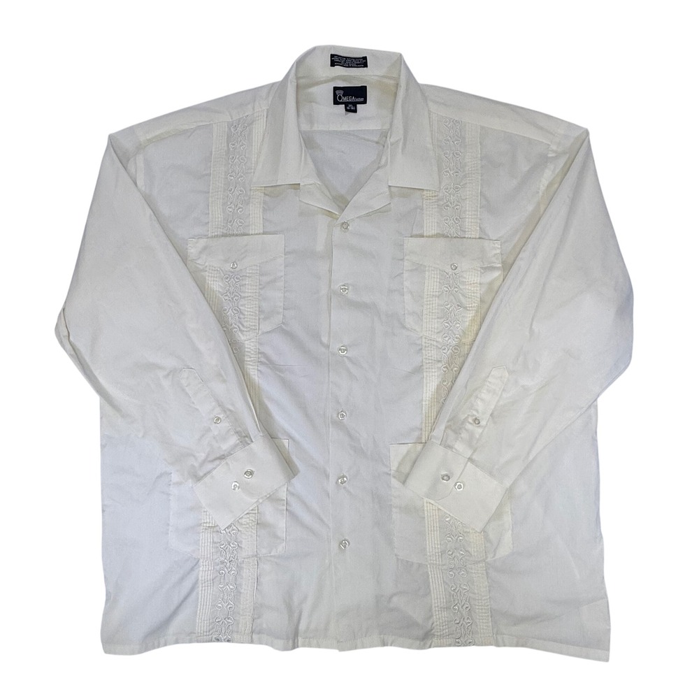 Omega Fashion Mens 3XL Guayabera Shirt Cream Long Sleeve Embroidered Mexican Top